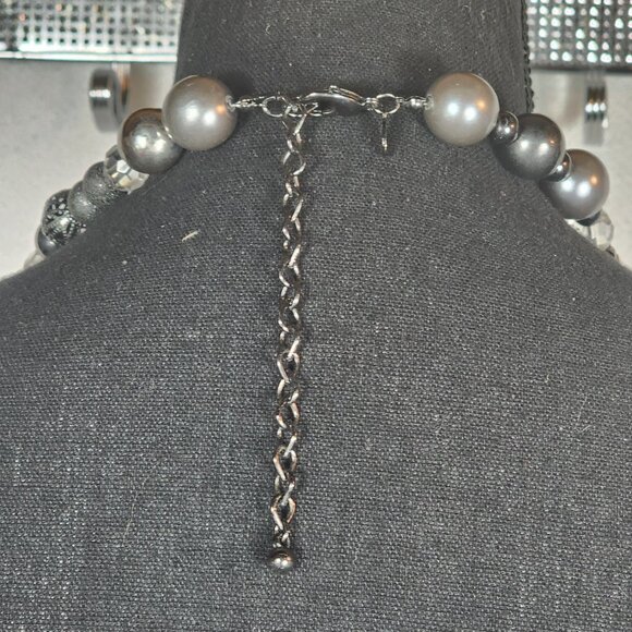 Chico's Gunmetal Filigree Crystal Ball Pewter Silver Faux Pearl 41" Necklace - Picture 10 of 16